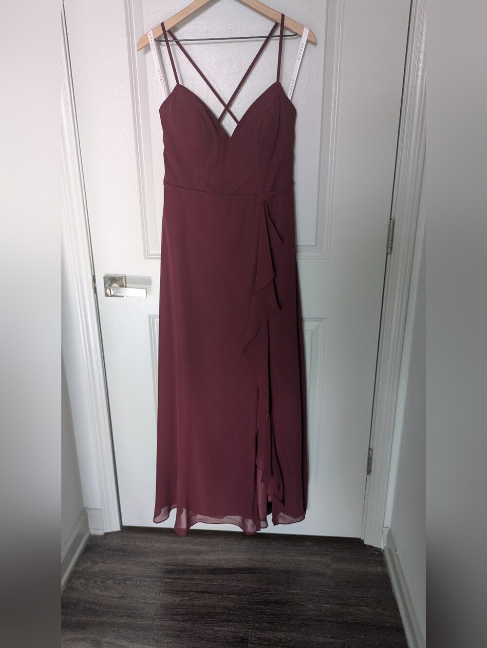 Azazie Naeem In Cabernet Spaghetti-Strap Maxi with Ruffle Accent